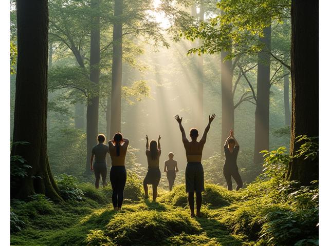 深い森の中でヨガをするグループ