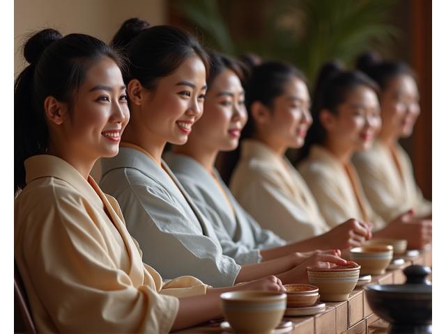 伝統的な茶道に参加する笑顔の人々