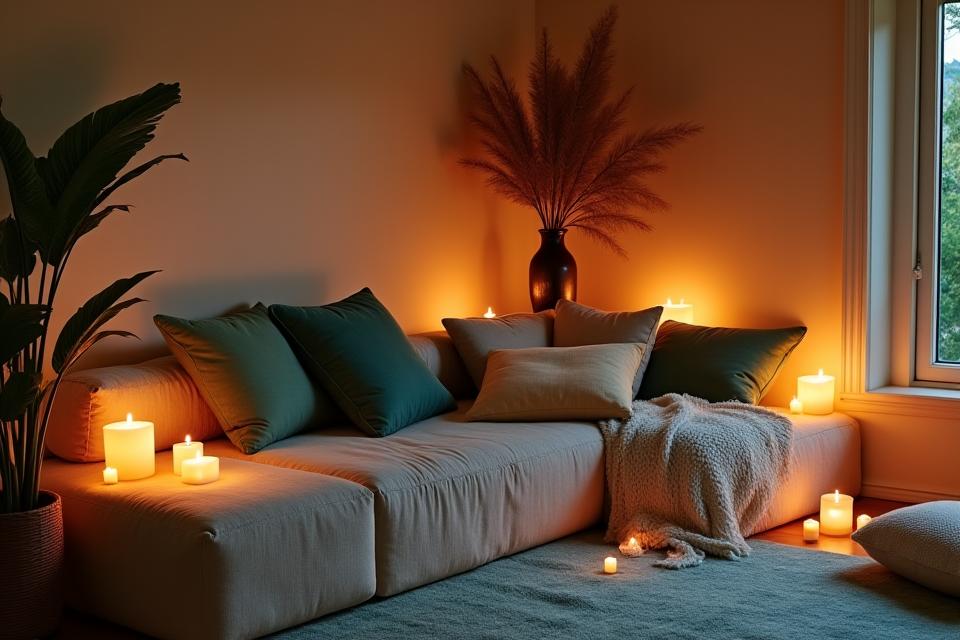 Cozy relaxation zone with cushions and soft lighting